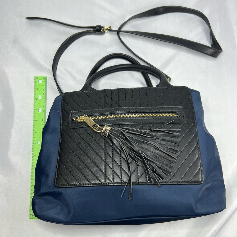 Karl Lagerfeld Paris Misto Black Leather and Blue Nylon Satchel Bag with Tags - Picture 8 of 15